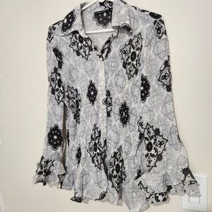 Essentials By Milano Women Butterfly Sleeve  Blouse Medium White Black Sheer  A1